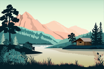 Fototapeta na wymiar Forest landscape with house, trees, lake, mountains, sunrise. Vector illustration.