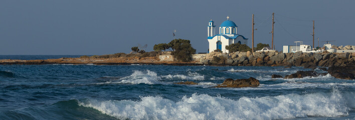 Panoramic view to the picturesque  chapel of Gialiskari and the dreamlike Mesakti beach on the...