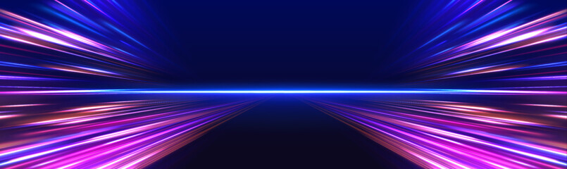 Panoramic high speed technology concept, light abstract background. High-speed light trails effect. Purple glowing wave swirl, impulse cable lines. 