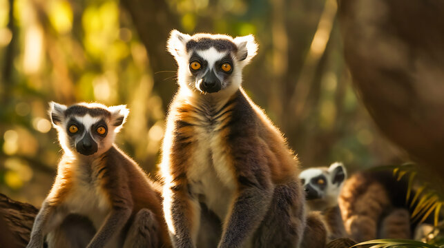 Curious Lemur Family Investigating Their Surroundings. Generative AI