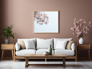 Warm and Cozy spring living room interior with mock-up poster frame generative ai