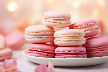Obraz premium Pink macarons stacked up on plate. Classic French cookies, festive background