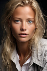 Fototapeta premium Scandinavian face female model posing for skincare campaigns. Generative AI