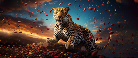 Leopard on an abstract background. Banner. Wallpaper. Copy space. Generated AI. Edited in Photoshop.