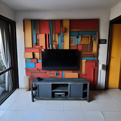 Recycled materials, colorful, minimalist livingroom