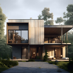 realistic render architecture, buried in the mountain, forest, architecture, house, design, nobody, construction