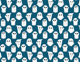Ghost cute pattern, flat and line style, on a transparent background. Emotions of ghosts. Vector illustration, holiday Halloween