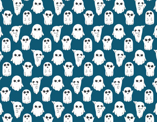 Obraz premium Ghost cute pattern, flat and line style, on a transparent background. Emotions of ghosts. Vector illustration, holiday Halloween