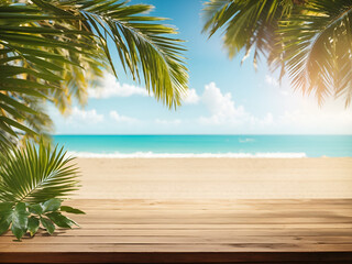 Empty wooden table and palm leaves with party on beach blurred background in summer time.
