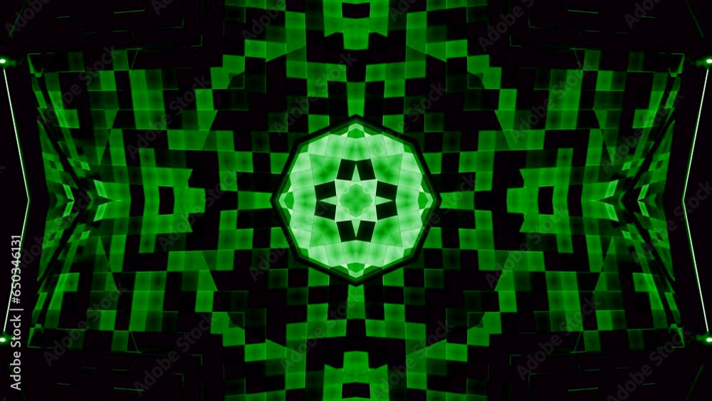 Poster psychedelic animation with hypnotic pattern of squares. design. kaleidoscopic animation of moving pa