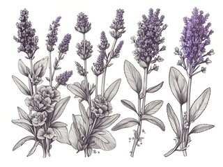lavender illustration. Beautiful boquet of flowers. Doodle, line art