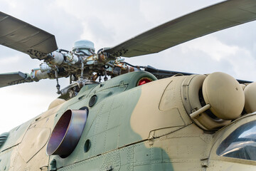 Old Soviet-made camouflage Mi-24 military helicopter propeller