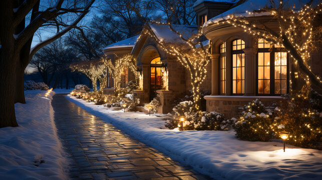 Outdoor Christmas light decorations in a garden