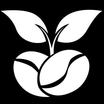 Abstract organic coffee beans icon logo with leaves on black background