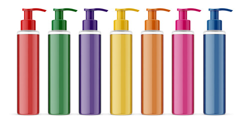 3D Illustration. Colored pump cosmetic tube on the white background. Cosmetics packaging