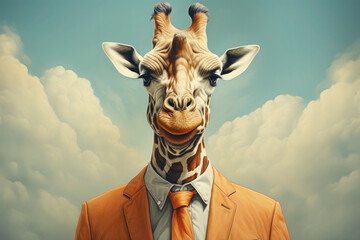 Giraffe wearing human clothes, stylish businessman, cloudy background