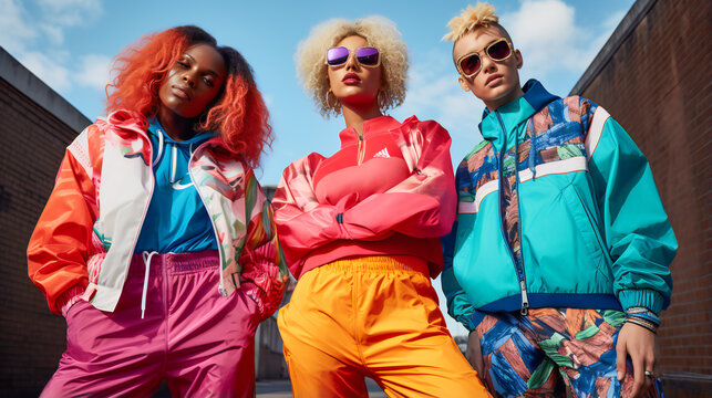 Friends from 80s, 90s. Stylish young people