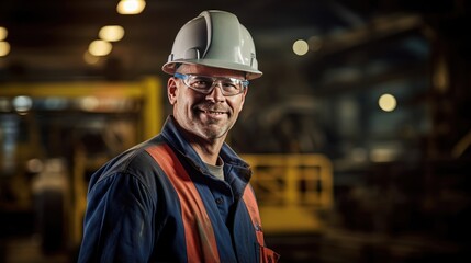 engineer in uniform and hard hat, showing expertise at a bustling steel manufacturing facility.
