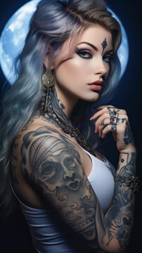 Tattooed Woman under the Moon
