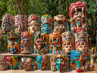 Mexican wooden mask souvenir handicraft on local market in Chichen Itza, Yucatan, Mexico.