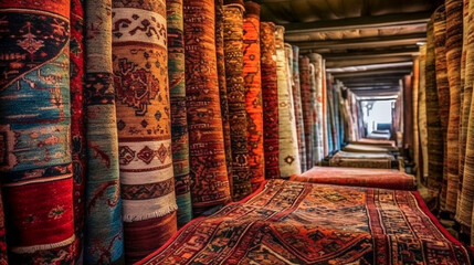 various oriental rugs and carpets stacked. AI Generated