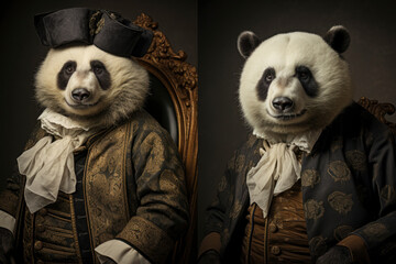Humanised animals concept. funny character personage. humanized panda in suit and tie on dark background. historical portraits - obrazy, fototapety, plakaty