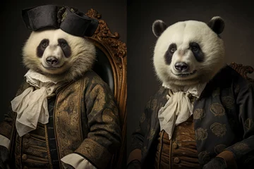 Foto op Plexiglas Humanised animals concept. funny character personage. humanized panda in suit and tie on dark background. historical portraits © Анна Мартьянова
