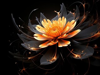 Naklejka na ściany i meble Introspective Petals: Abstract Orange Flower Evoking Curiosity and Introspection, Against Black Background