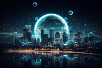 Smart city at night with a large looping full moon in the background in the bright night , Internet of things, smart life, information technology, Generative AI