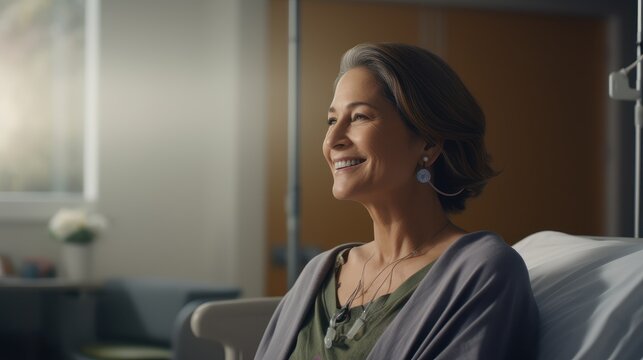 A mature American woman's beauty within a clinic hospital room, where she's resting on a bed and receiving good news. The genuine smile on her face deems this picture suitable for an ad