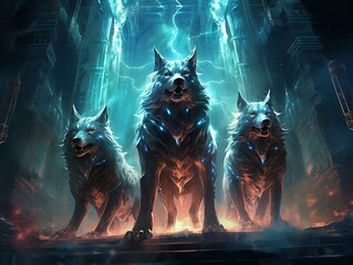 Mystical Cerberus: Three-Headed Beast with Magical Energy in Enchanted Underworld, Amidst Floating Souls and Starlit Rivers