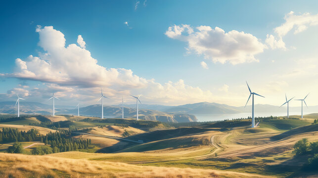 Beautiful hilly landscape with wind turbines generating electricity. Renewable energy source, banner format