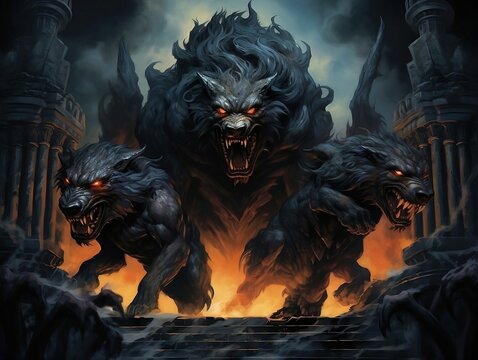 Dreadful Domain: Formidable Cerberus Guarding the Gates of the Underworld, Depicting the Power of Mythological Creatures, Mythological Artwork