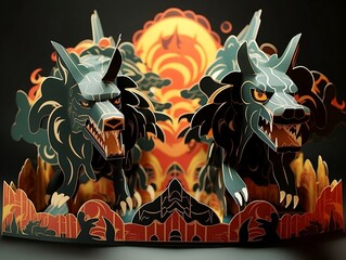 Underworld Unfolded: Crafted Paper Cerberus in Storybook World Depicting Mythology in Unique Way, Paperwork Artwork