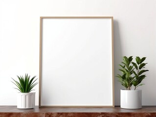 Fototapeta na wymiar Empty frame on a white mantle with plants mockup for art showcase generative ai