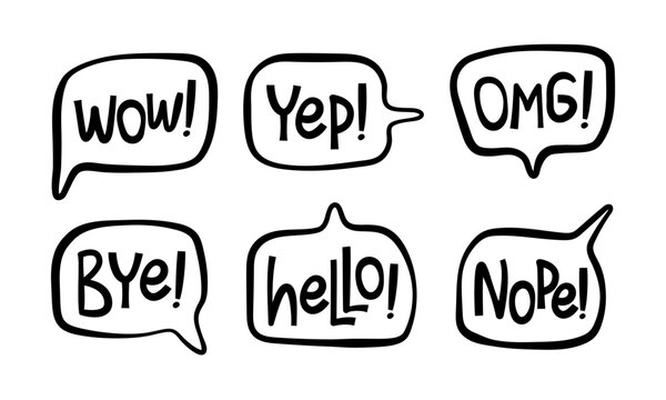 Hand-doodle set of Speech bubble with handwritten short phrases. Hello, bye, yep, nope, OMG, WOW. Vector isolated illustration