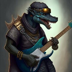 dnd character art black male kobold with a guitar and diamond chain with a dolphin pendant diamond teeth  - obrazy, fototapety, plakaty