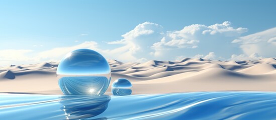 Surreal desert landscape with sand dunes water and shiny chrome spheres in clear sky created using - obrazy, fototapety, plakaty