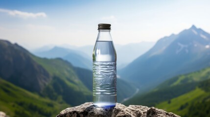 generic mineral glass water bottle in the middle of nature on a rock mockup with mountains background as wide banner with copy space area - Generative AI
