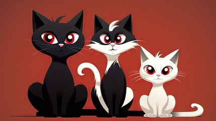  three black cats with red eyes sitting next to each other.  generative ai