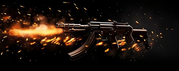 firing assault riffle shooting firepower bullets isolated on black background for special operations and tactical team concepts as banner with copyspace area, Generative AI - obrazy, fototapety, plakaty