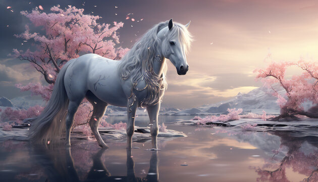 Artistic recreation of a white horse in a fantasy environment, legendary creature. Illustration AI