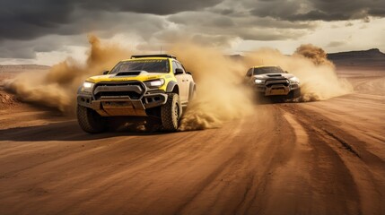 thrill of off-road racing as an SUV conquers a challenging gravel road in the evening light.