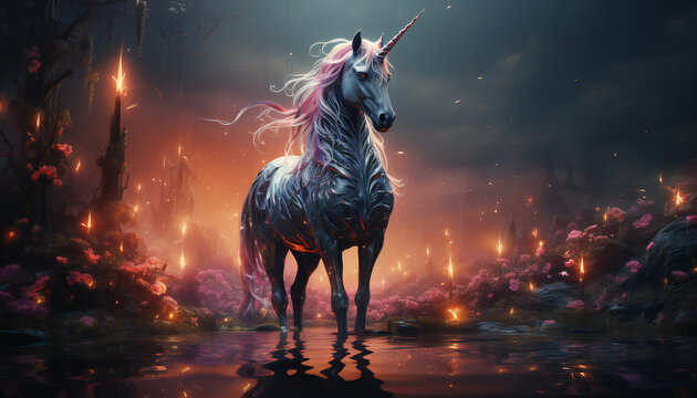 Magic recreation of a unicorn surrounded of fantasy, legendary creature. Illustration AI