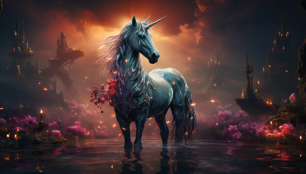 Artistic recreation of a unicorn in a fantasy world, legendary creature. Illustration AI