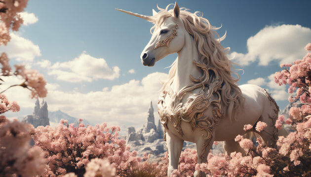 Artistic recreation of a unicorn surrounded of fantasy, legendary creature. Illustration AI