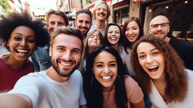group of happy people from different cultures and taking selfy