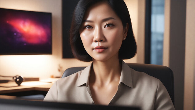 Asian woman working at a computer in an office with a bokeh background. black hair, and brown eyes.