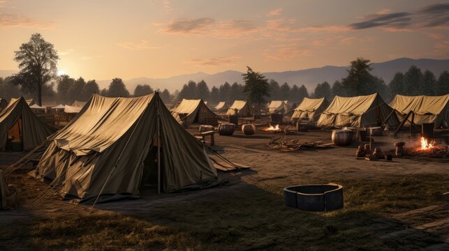 military tent city nestled in nature, where soldiers undergo rigorous training exercises.