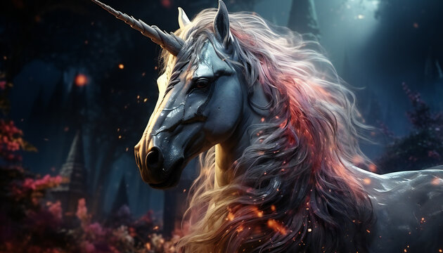 Artistic recreation of a unicorn in a magic night, legendary creature. Illustration AI